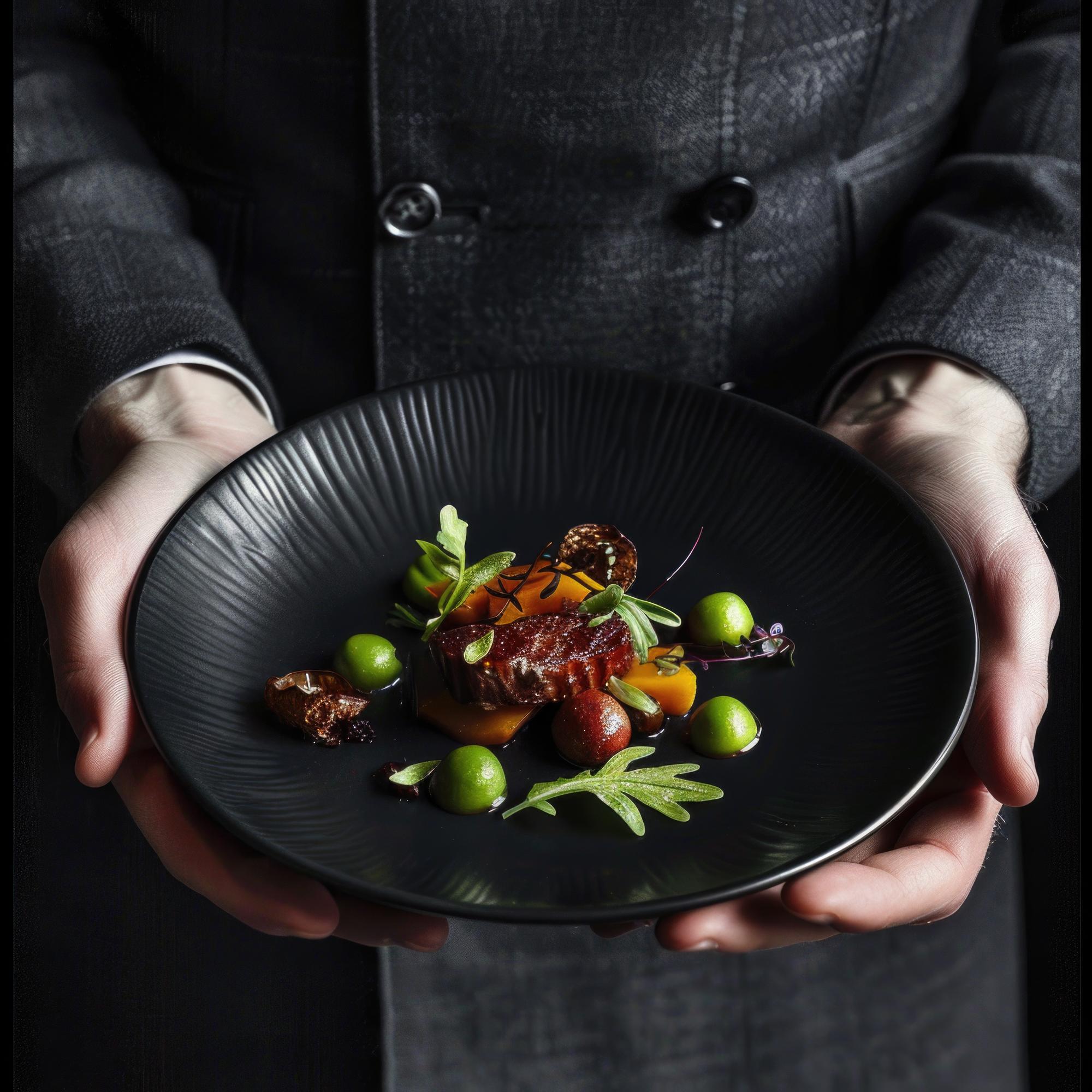Piatto gourmet elegante su tavolo scuro